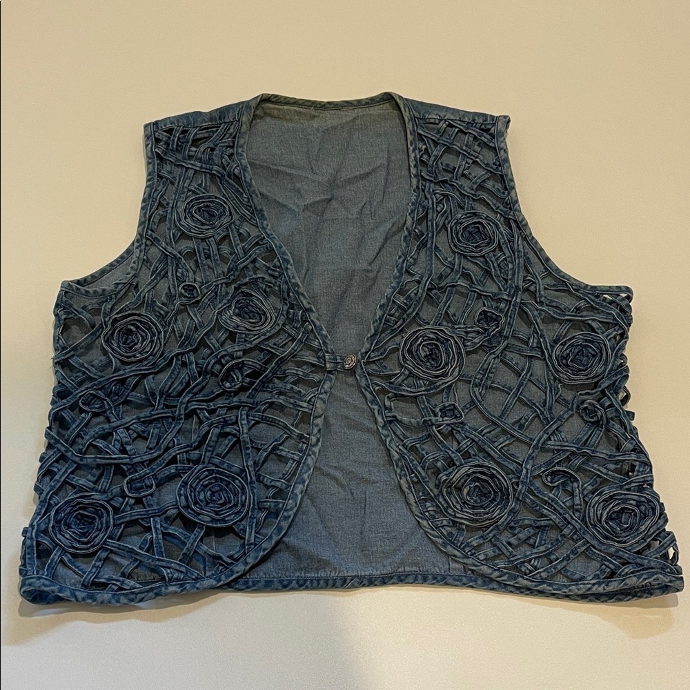 Vintage Intricate Blue Denim Vest with Floral Patterns